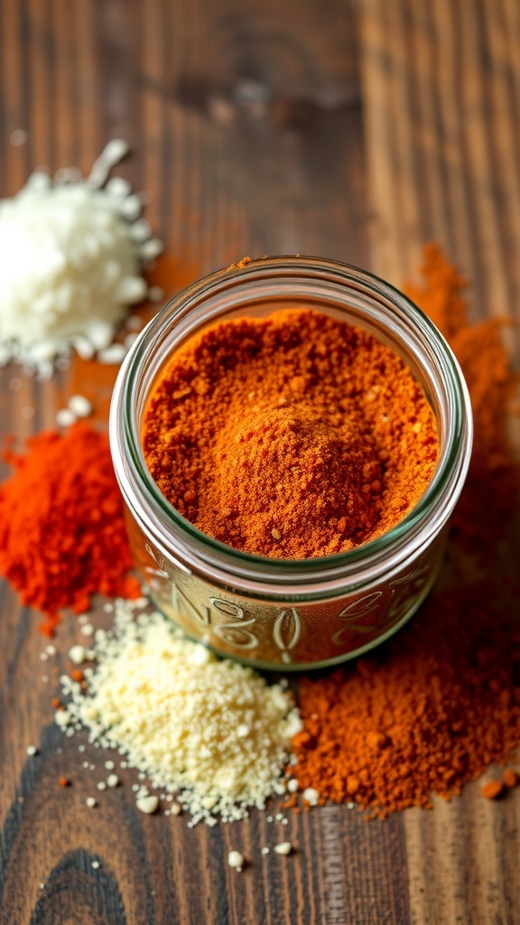 A jar of 6666 seasoning blend with spices like garlic and paprika on a wooden table.